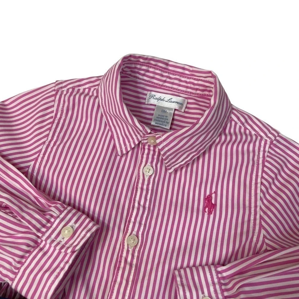 Ralph‎ Lauren Pink White Stripe Button Front Dress Navy Polka Dot Belt Size 12M